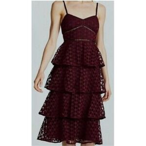 Club Monaco Women's Dress Sz 00 Burgundy Black Trim Lace Tiered Midi